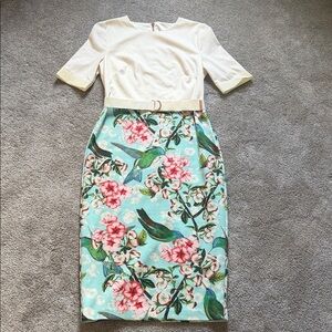 Ted Baker Aqua, Pink and Green Floral & Bird Pencil Skirt